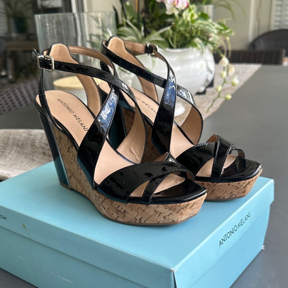 ANTONIO MELANI Black Patent Cork SYDNIEE Wedge Sandals with Ankle Strap. New